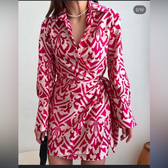 Mango satin wrap mini dress in pink print - Picture 3 of 7